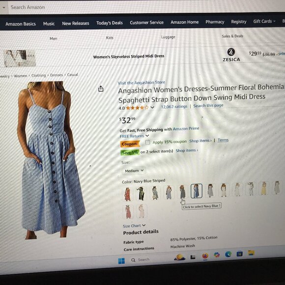 Angashion  Cute Summer Bohemian Spaghetti Strap Button Down Swing Midi Dress XL - Picture 3 of 12